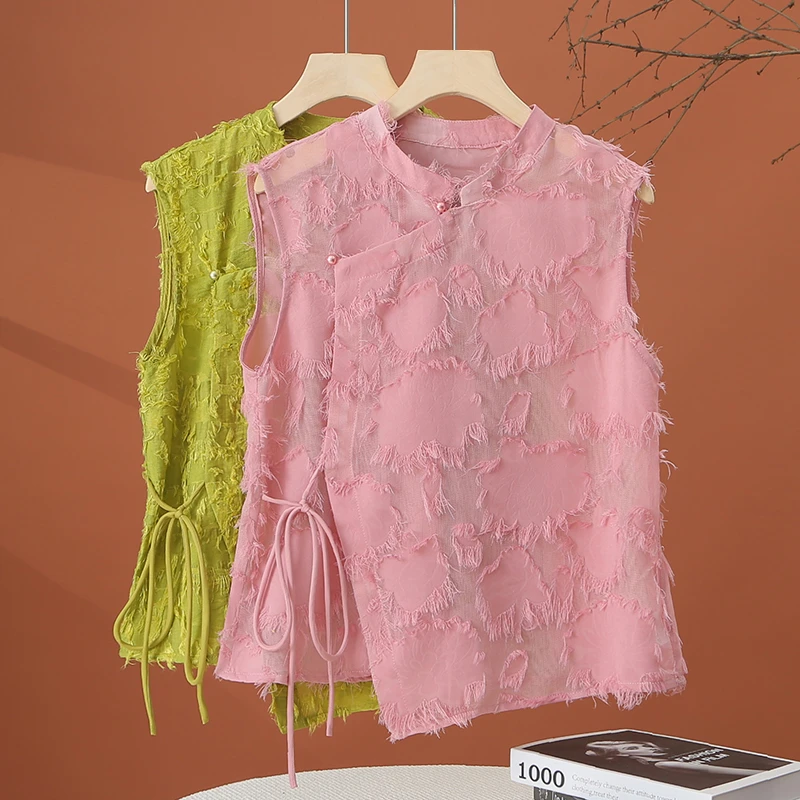 拉夏贝尔新中式无袖流苏衬衫女夏季2025新款时尚漂亮收腰女士上衣
