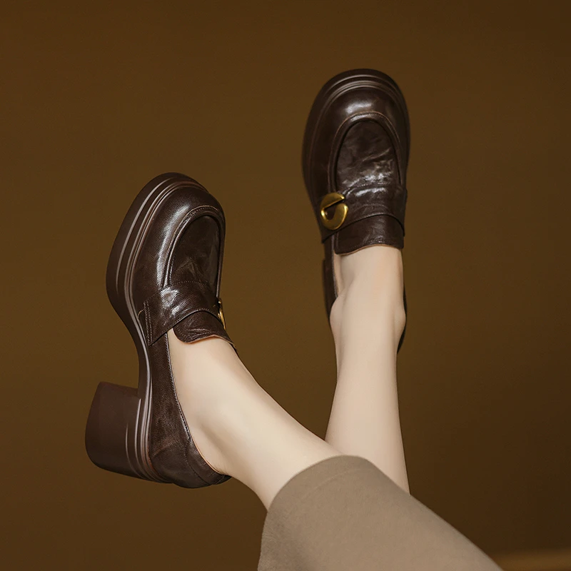 羊皮/8cm/春秋新款时尚百搭增高跟粗跟厚底乐福鞋软底真皮单鞋女