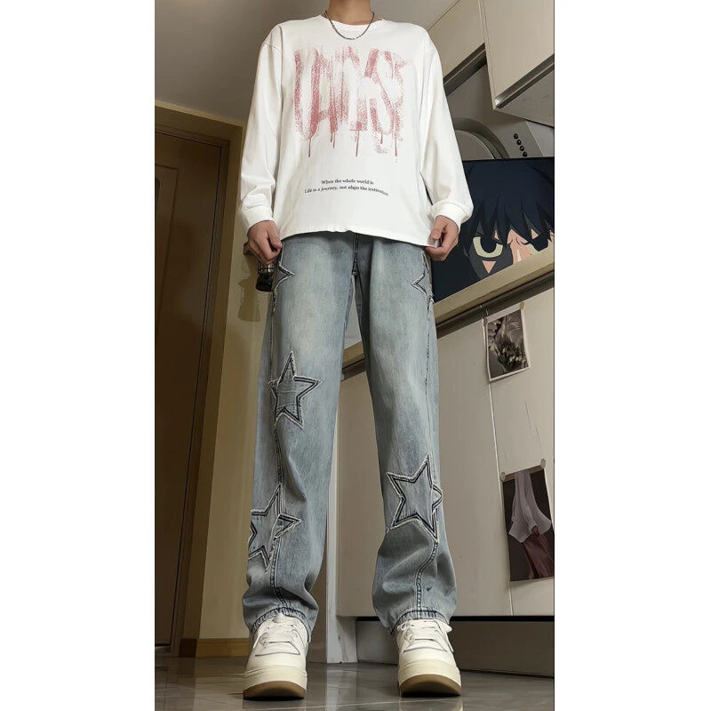 美式高街五角星牛仔裤男款春秋季潮牌宽松大码直筒阔腿休闲长裤子