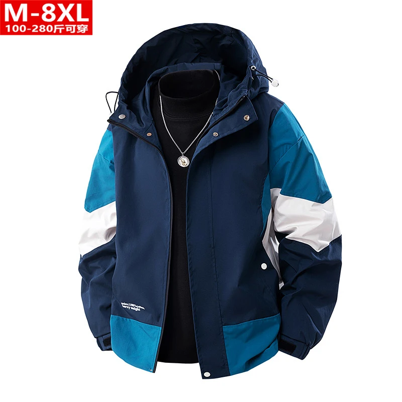 春秋港风潮男装帅气时尚拼色连帽夹克胖男士加肥大码宽松休闲外套