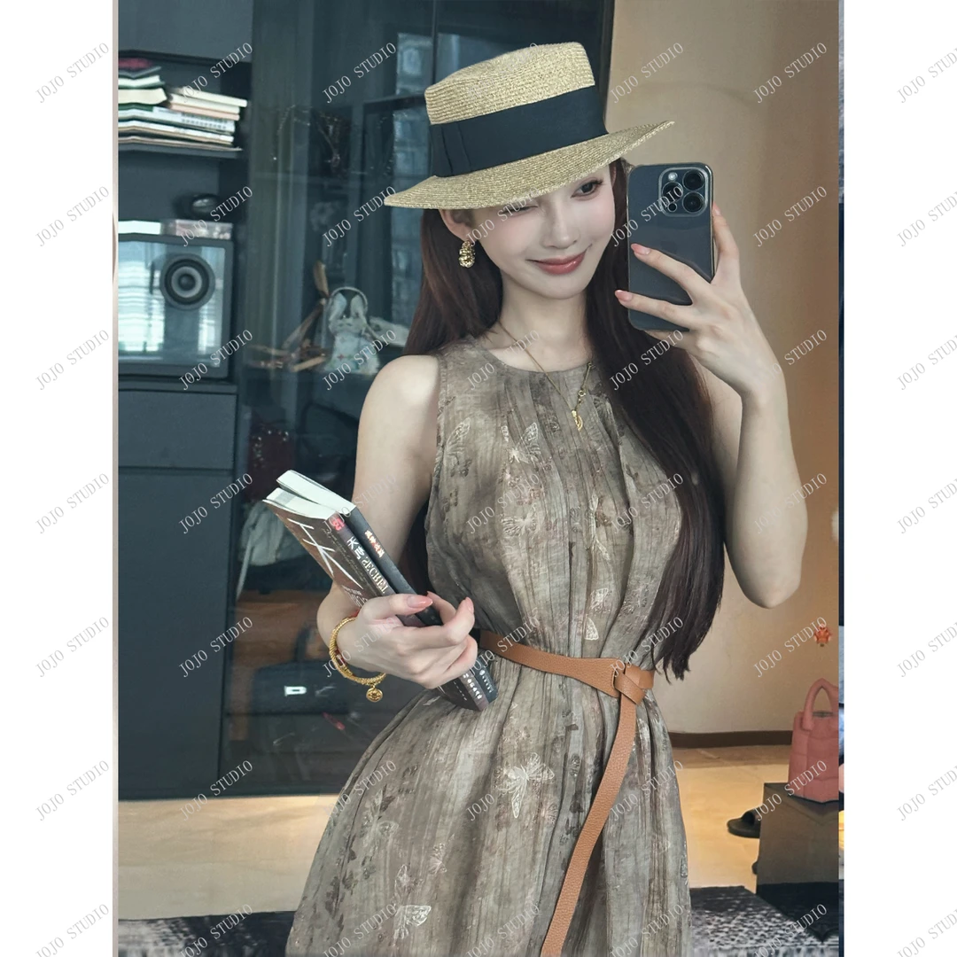 JOJO STUDIO【焦糖玛奇】2025夏季定制新中式复古印花挂脖连衣裙