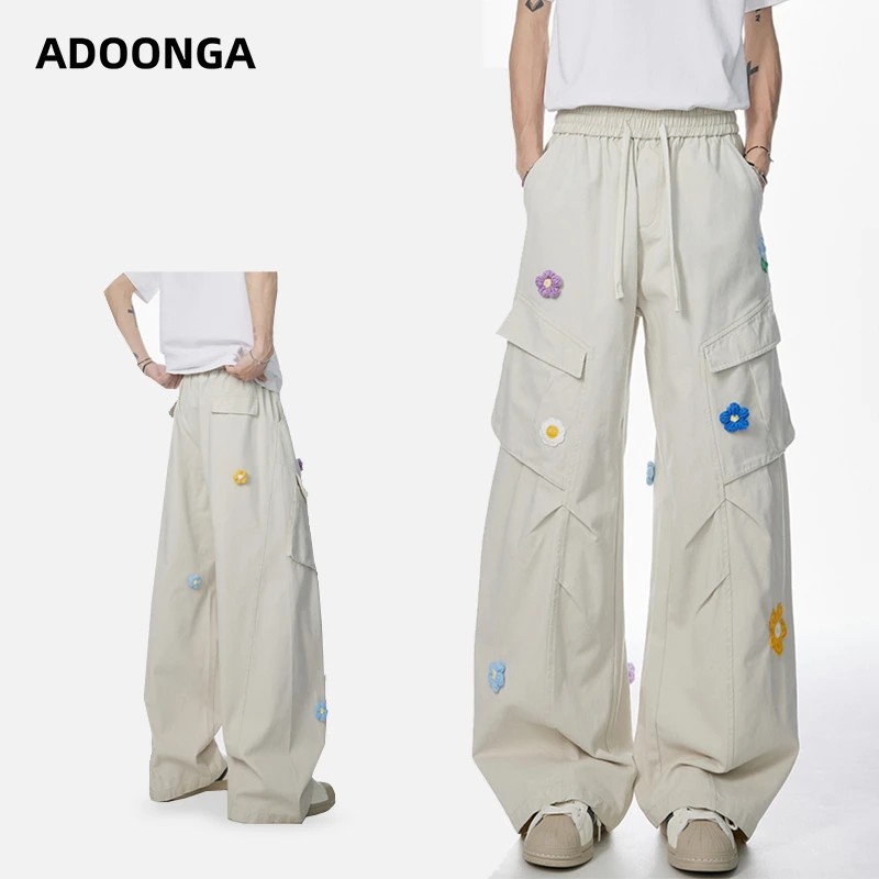 ADOONGA纯棉刺绣休闲裤男女同款夏季新款透气潮流宽松百搭直筒裤