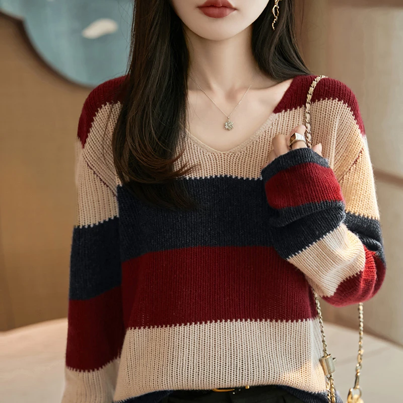 哥弟阿玛施正品秋季宽松长袖针织条纹毛针织衫百搭拼色打底衫女装