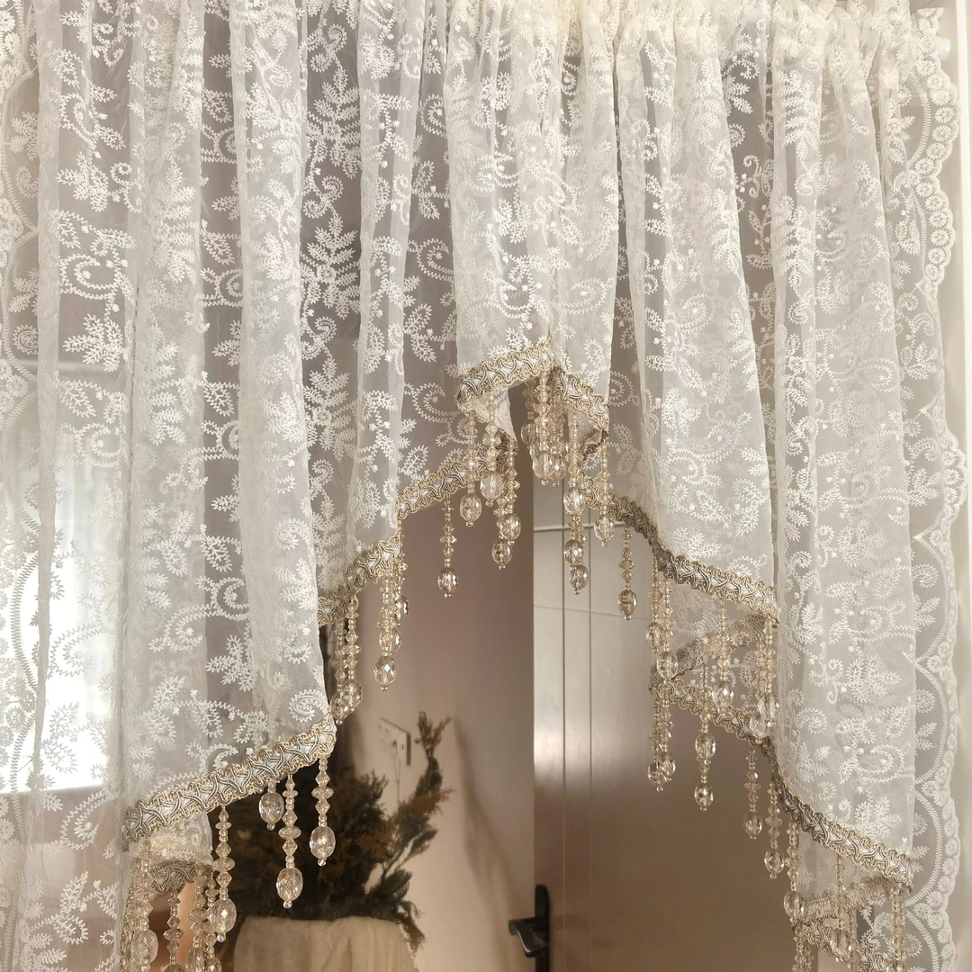 新款米色法式蕾丝绣花半帘卧室三角帘门对门隔断帘