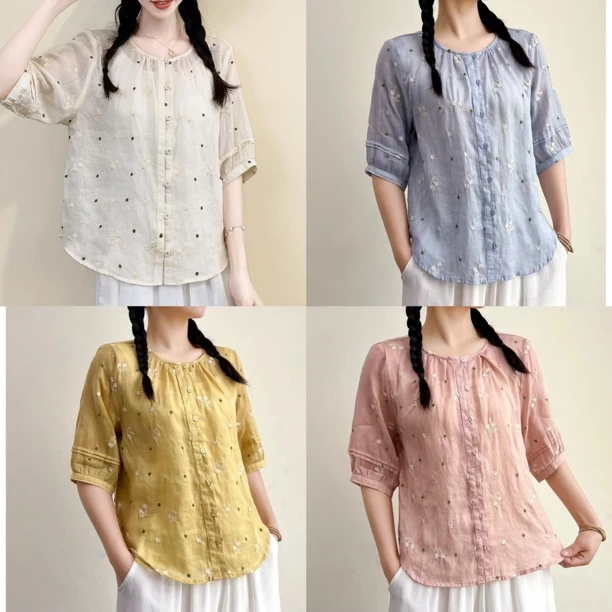 100纯苎麻衬衫女文艺复古宽松短袖气质百搭夏季薄款上衣