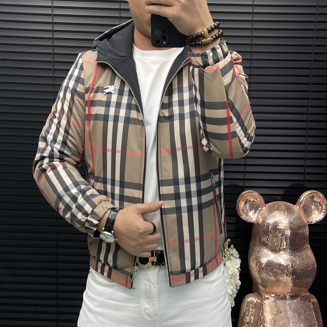 秋冬男士棉服N188格子连帽双面穿时尚潮流修身百搭防风保暖