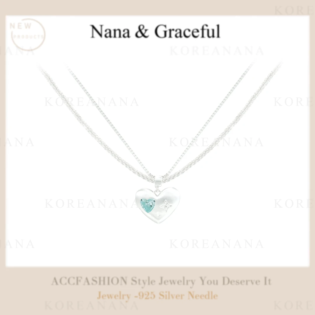 铜合金合成锆石项链 「海盐蓝怦然心动」拉丝爱心 轻奢双层项链E119