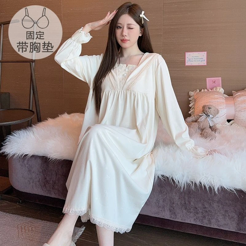 德绒睡裙女带胸垫冬季加大码甜美可爱胖MM宽松睡衣孕妇家居服保暖