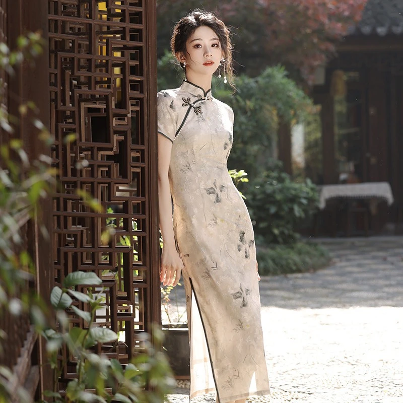 清新甜美风年轻款日常文艺复古旗袍连衣裙荷塘月色浅灰2025春新款