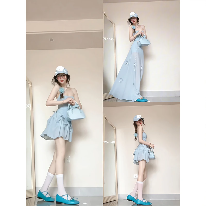 DAHUAN大荒家 纯欲设计感中长款淡蓝色连衣裙绝美多穿蝴蝶结短裙