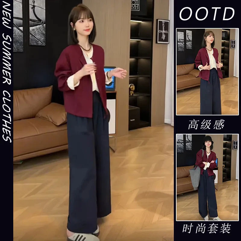 单件/春秋新款爆款港味复古假两件圆领上衣宽松阔腿休闲裤女时尚