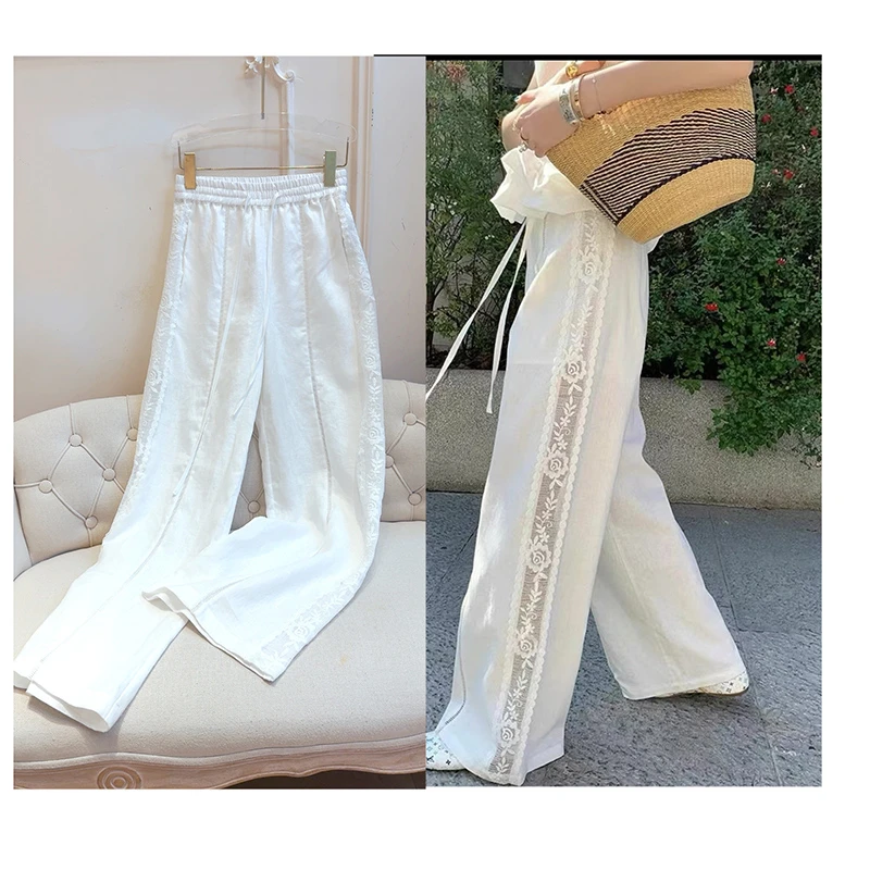 【超凡脱俗】新中式国风休闲宽松百搭亚麻刺绣垂感褶皱裤子长裤