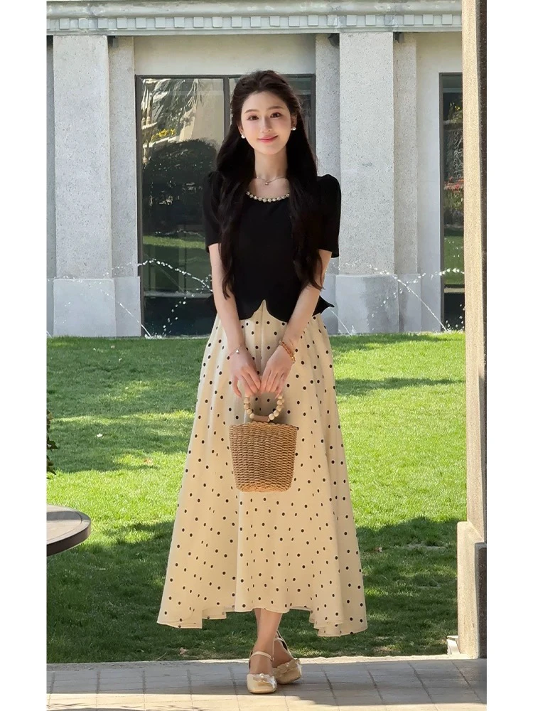 法式赫本风短袖波点假两件收腰显瘦夏季连衣裙（非主图款）