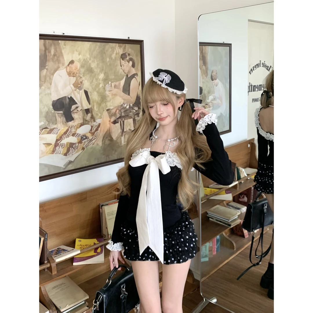 绘梨衣【慕斯里奈】早秋辣妹纯欲蕾丝蝴蝶结长袖波点蛋糕裙裤套装