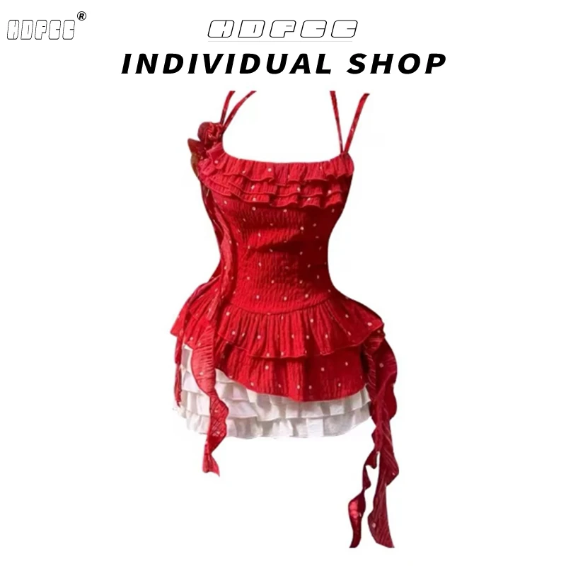 夏季新款辣妹纯欲风波点红色吊带上衣+蛋糕短裙两件套装连衣裙女