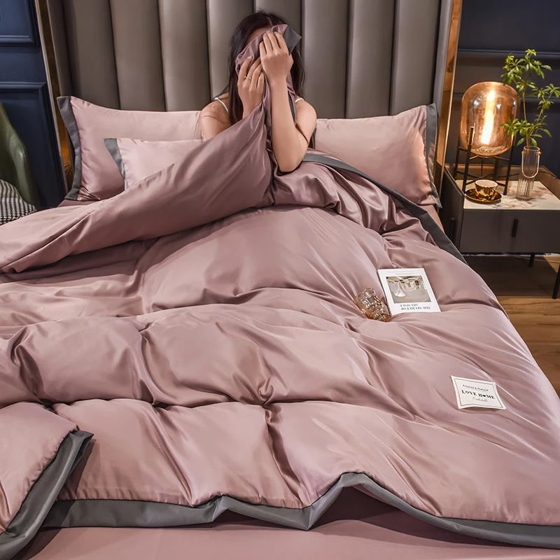 水洗冰丝四件套轻奢高级感夏季床单被套宽边床笠款三件套床上用品