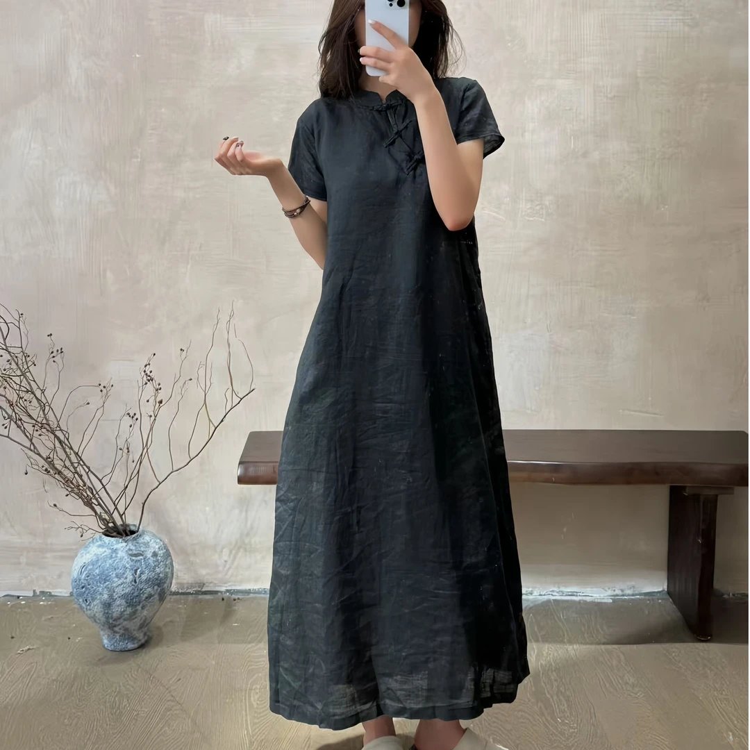 DIAN.HUI 夏季原创设计斜口新中式复古感纯色中长款连衣裙