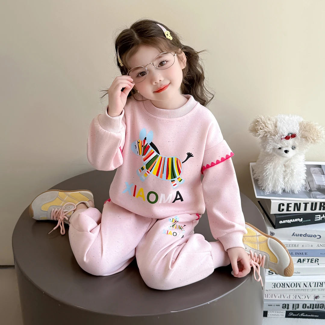 女童2025秋季新款儿童洋气潮流百搭中小童卡通彩色斑马卫衣套装
