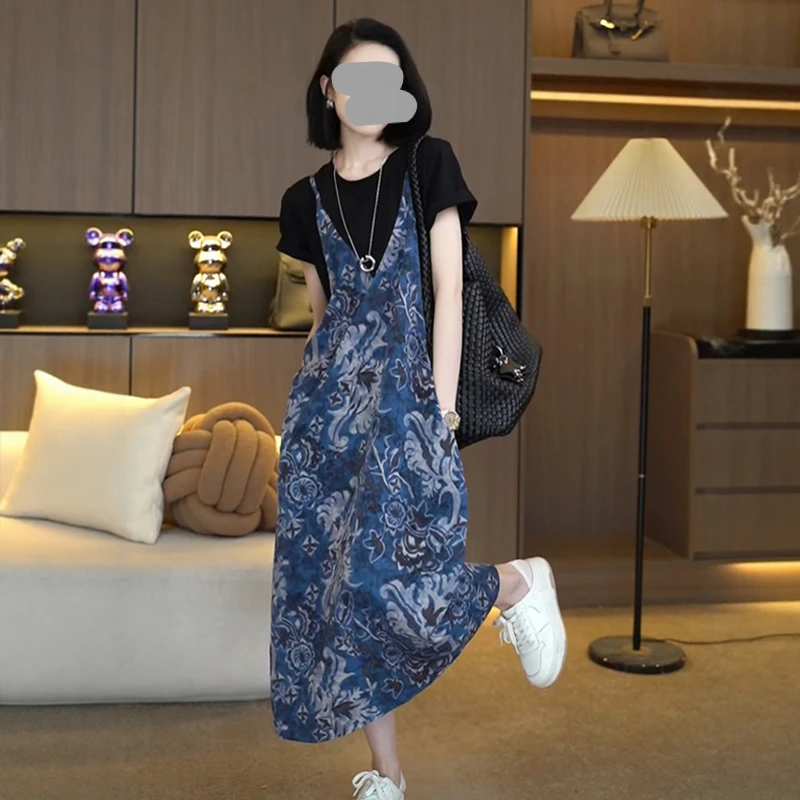 假两件设计感宽松短袖显瘦裙子女2025夏季新款时尚气质法式连衣裙