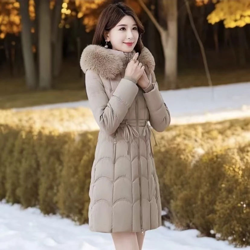 帽子可拆2025新款棉服女冬季中长款韩版修身大毛领加厚棉衣棉袄