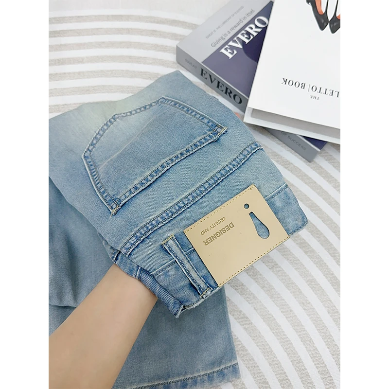 浅蓝莱赛尔天丝高腰直筒牛仔裤女春夏季薄款设计感宽松显瘦阔腿裤