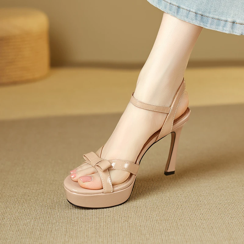 10cm夏季防水台高跟凉鞋女一字带露趾厚底细跟鞋蝴蝶结气质鞋子