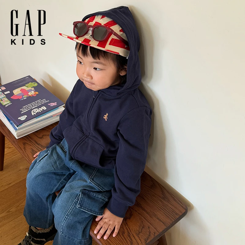 Gap【大小童同款】男童2025春夏新款小熊logo连帽卫衣外套761410