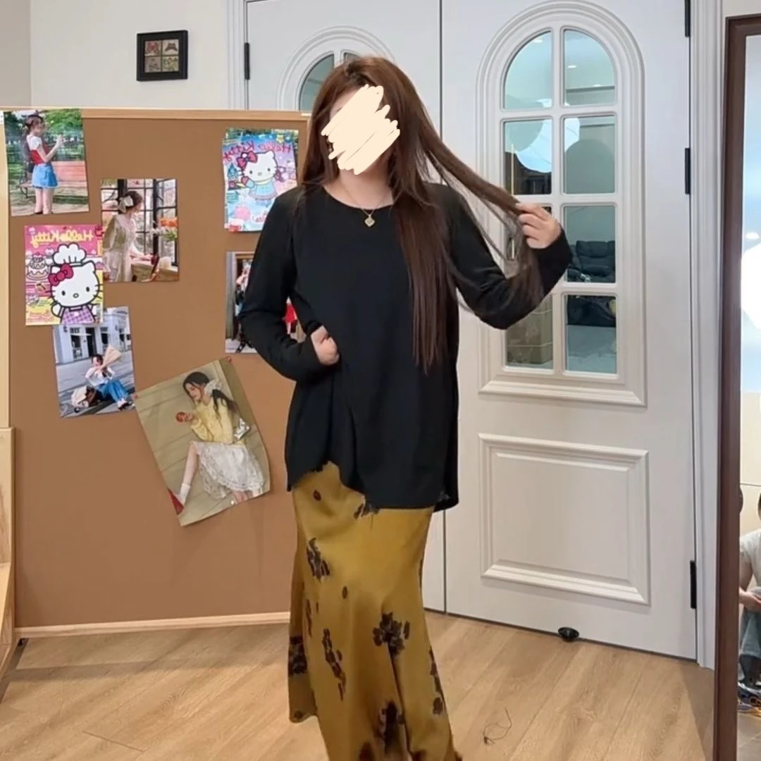 22673#大码夏季新款复古长袖薄款防晒衬衫高腰轻奢半身裙两件套