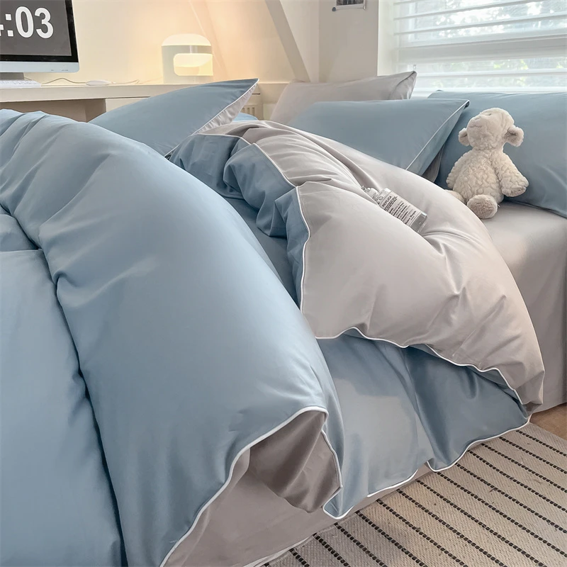 水星金典家纺80支纯棉四件套纯色全棉被套罩床单学生三件套床