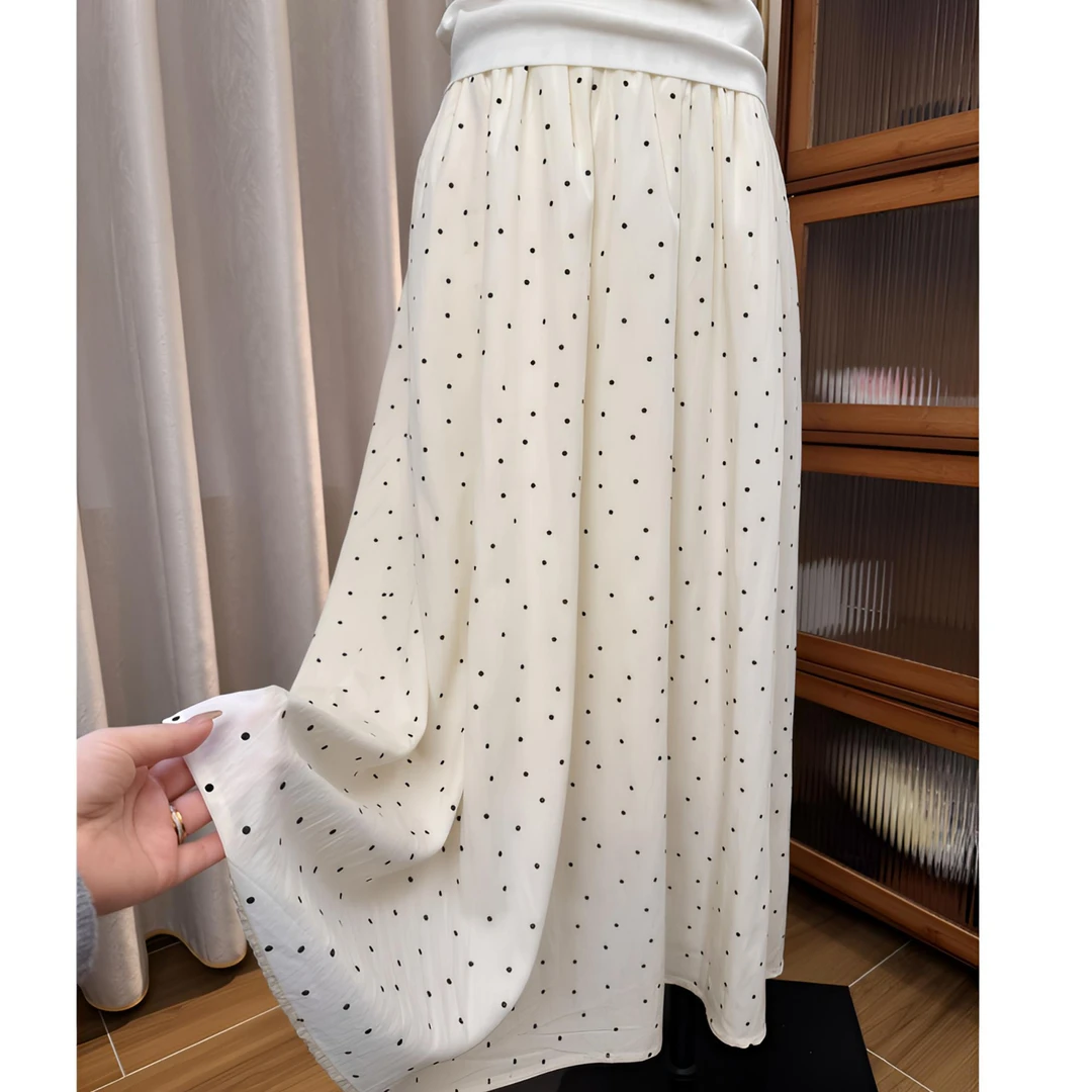 白色波点半身裙女高腰垂坠感2025新款夏季中长款a字伞裙显瘦裙子