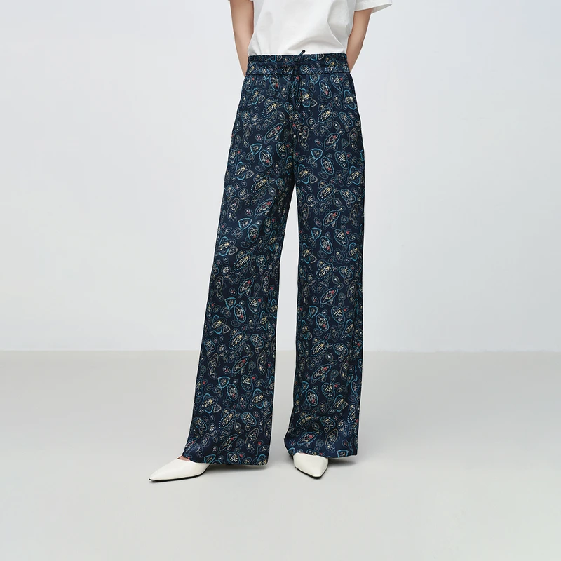EP雅莹2025春季新款 弹力艺术感印花裤女夏轻盈飘逸阔腿裤6429B