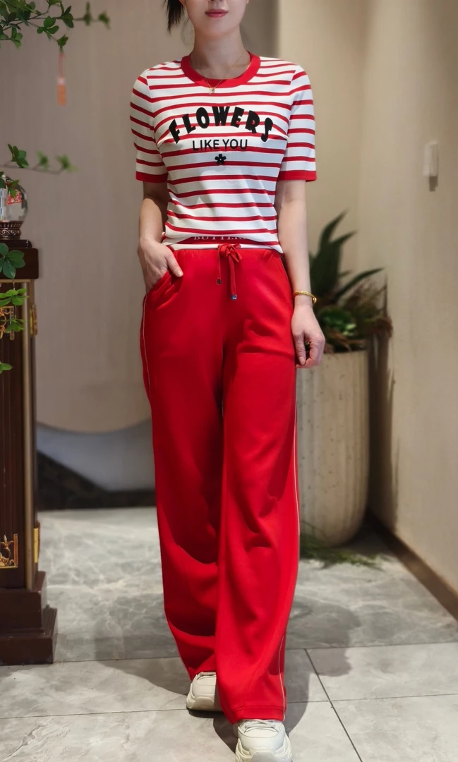 35春夏休闲红色松紧腰直筒裤
