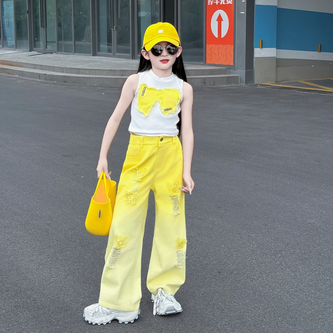 女童夏季2025新款韩版时尚休闲T恤蝴蝶牛仔直筒阔腿裤两件套甜酷