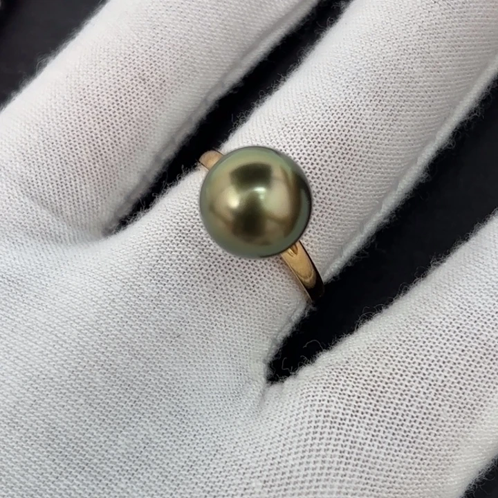 定制海水珍珠18K金镶嵌戒指/指环10.7mm大溪地牛油果色系裸珠一颗