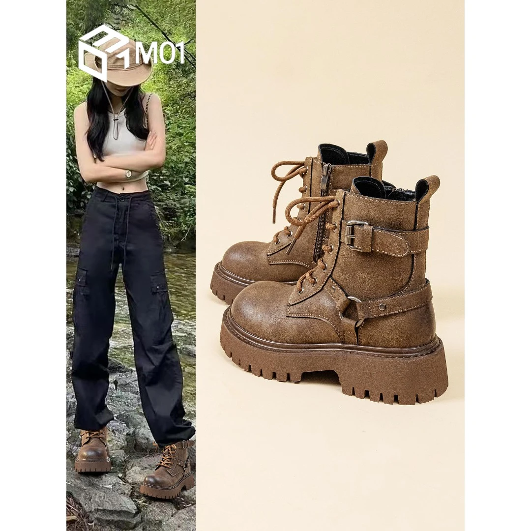 M01马丁靴女2025春秋新款复古工装超火短靴厚底英伦风户外旅游靴