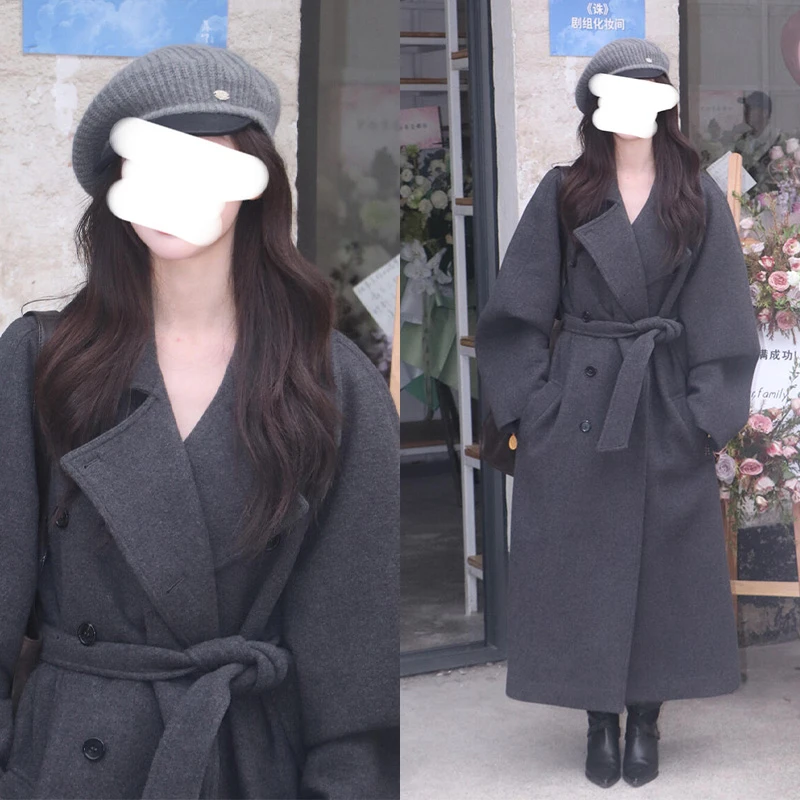 易梦玲同款长款休闲呢子大衣轻职风法式秋冬纯色长袖毛呢外套女