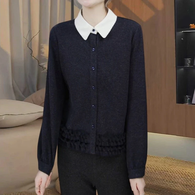 打底衫女2025冬季新款设计感POLO领韩系撞色宽松显瘦百搭长袖上衣