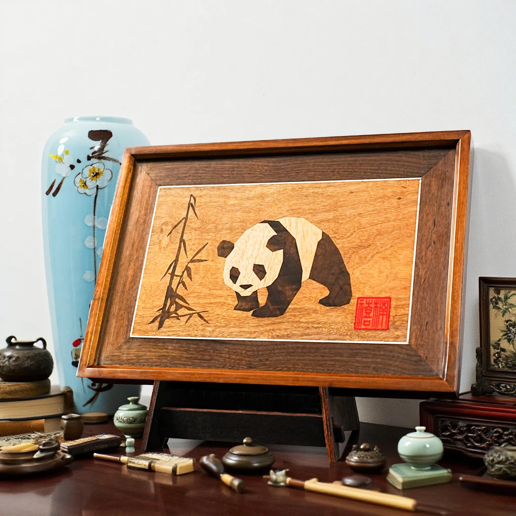 【楠禧】萌趣熊猫竹报平安金丝楠老料水波纹特色工艺画国画42*30cm