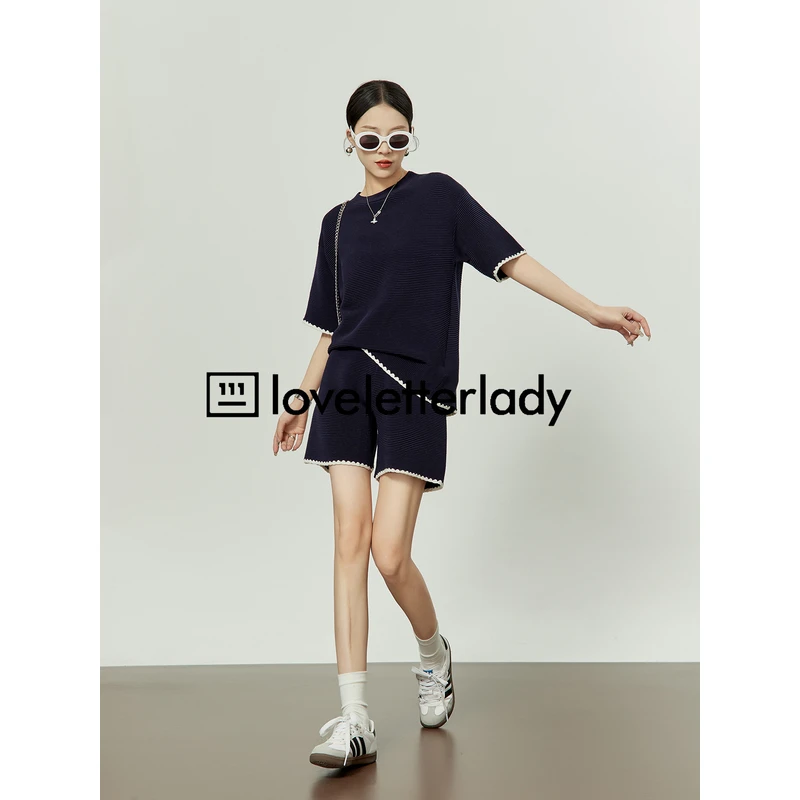 周里物藏蓝色运动高级感套装夏季新款休闲短袖短裤两件套女