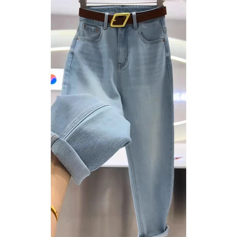 浅蓝色哈伦牛仔裤女2025秋季新款大码弹力宽松显瘦高腰萝卜老爹裤