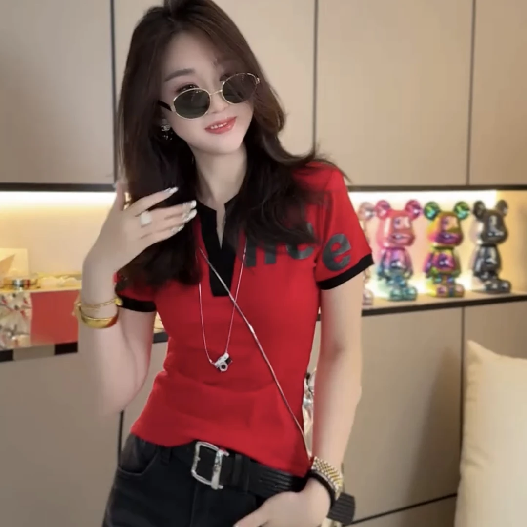 字母抗起球朋克风短袖少女风T恤设计感春夏夏季短款翻领休闲时尚