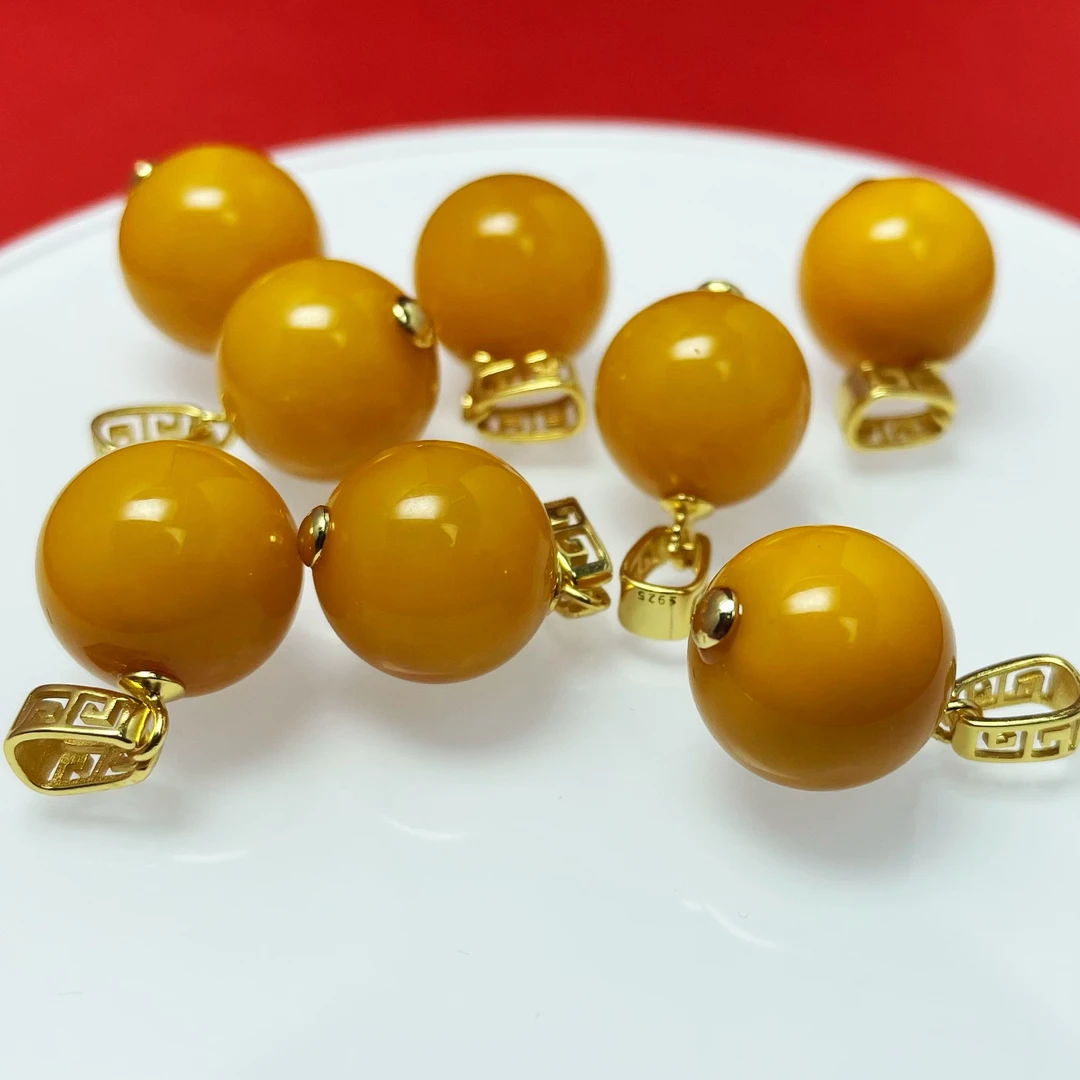 【萌宝饰品】C21-3天然蜜蜡圆珠吊坠12mm满蜜鸡油黄老蜡多样性发一