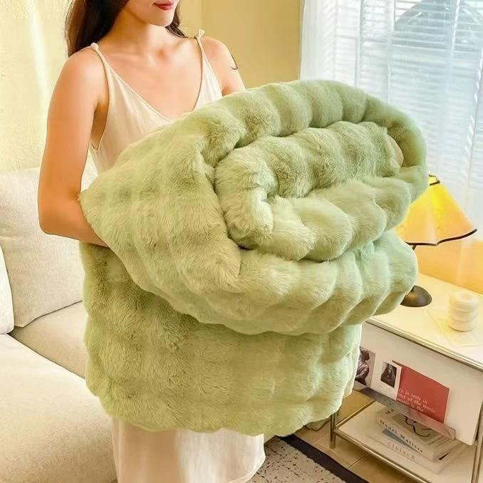 双人绿色大兔毛绒通用毛毯欧式简约纯色双面ins风