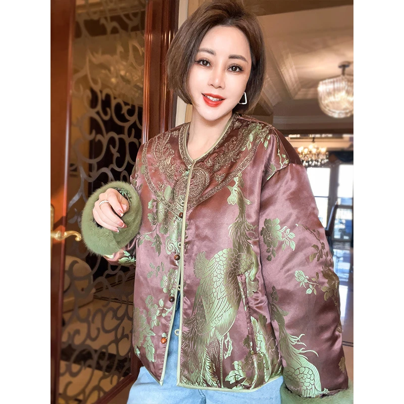 岑晨桑蚕丝90鹅绒服拼接水貂袖新中式女装上衣25121636