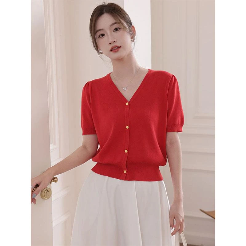 法式小众别致V领红色上衣女夏季收腰短款感冰丝针织短袖t恤薄