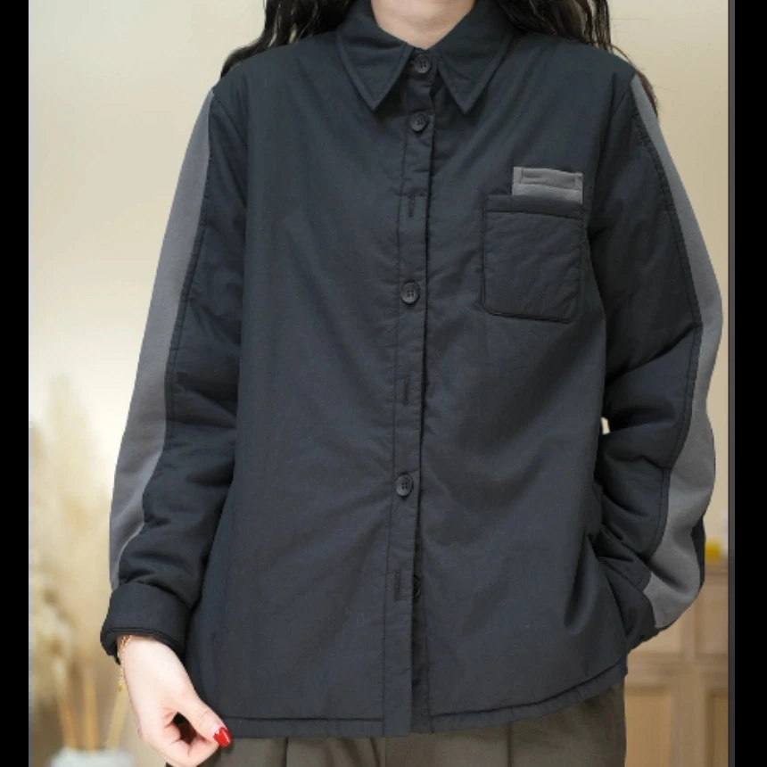 XX纯棉保暖冬季百搭拼接撞色加棉衬衫2024