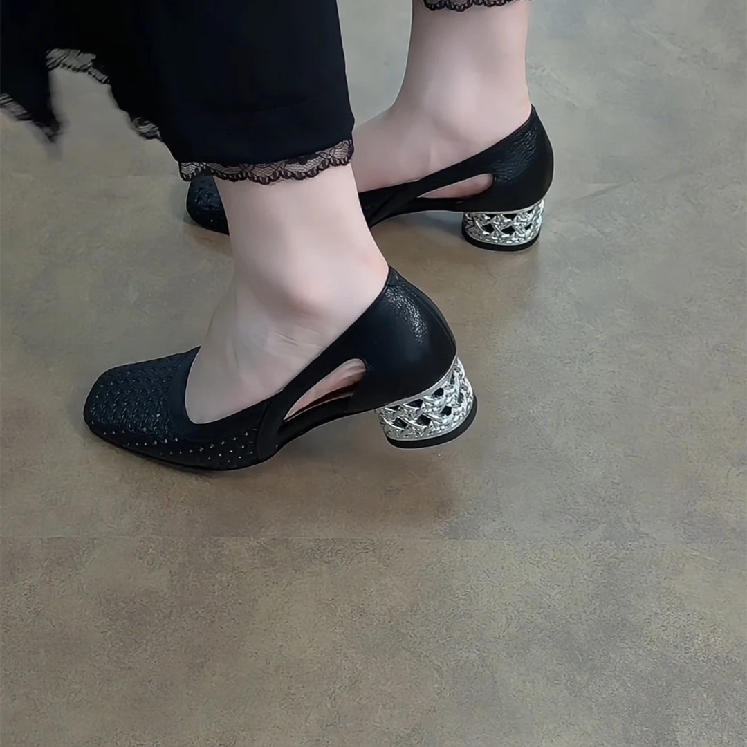 4cm/ED2204羊皮方头单鞋女软底中跟舒适镂空凉鞋粗跟透气浅口夏季