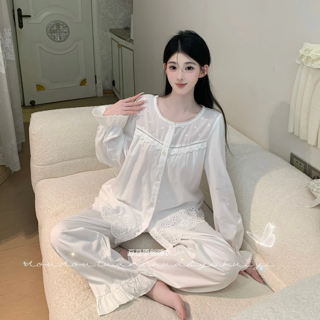 1豆【白色恋人】纯欲长袖套装显白显瘦显瘦春秋家居服睡衣女