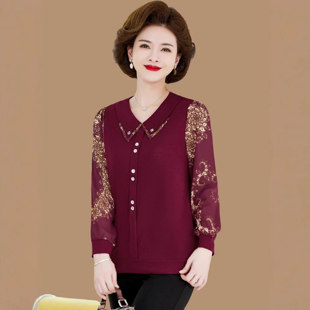 妈妈装小衫洋气高贵夏款新款阔太太长袖T恤中老年人女春秋打底衫