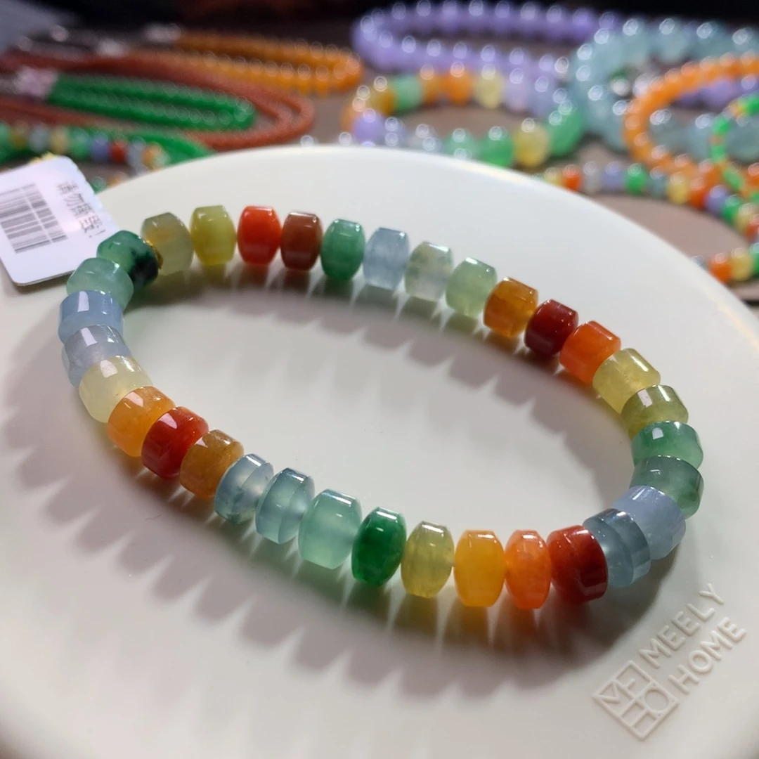 翡翠未镶嵌颈饰风***?冰浓彩多宝桶珠手串卡7.4左右
